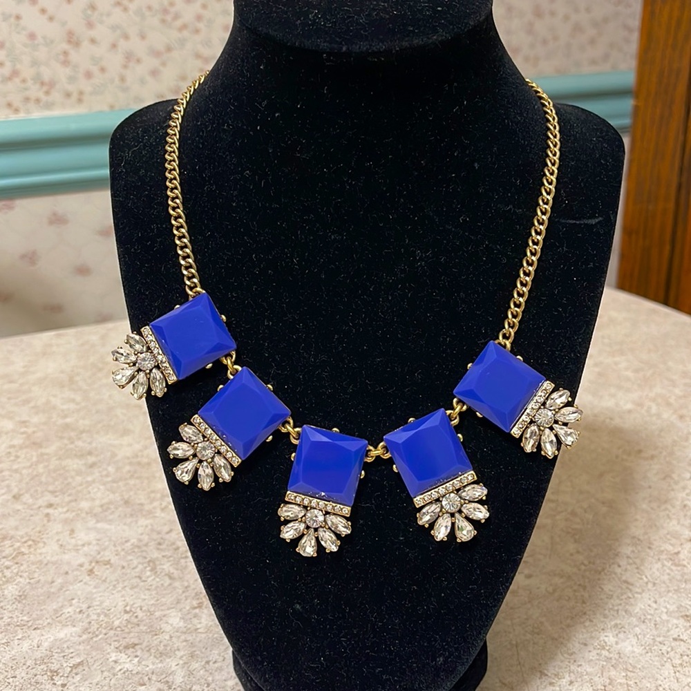 BNWT J CREW ROYAL BLUE & CRYSTAL ART DECO STYLE NECKLACE